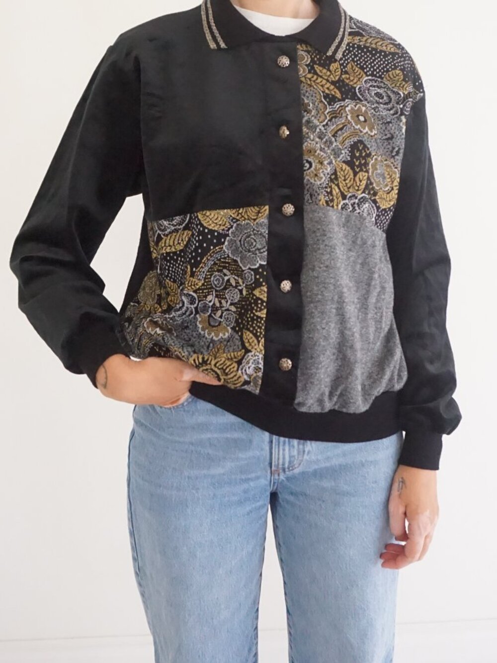 Vintage Season Ticket Black Floral Metallic Button Front Cardigan Grandmacore L
